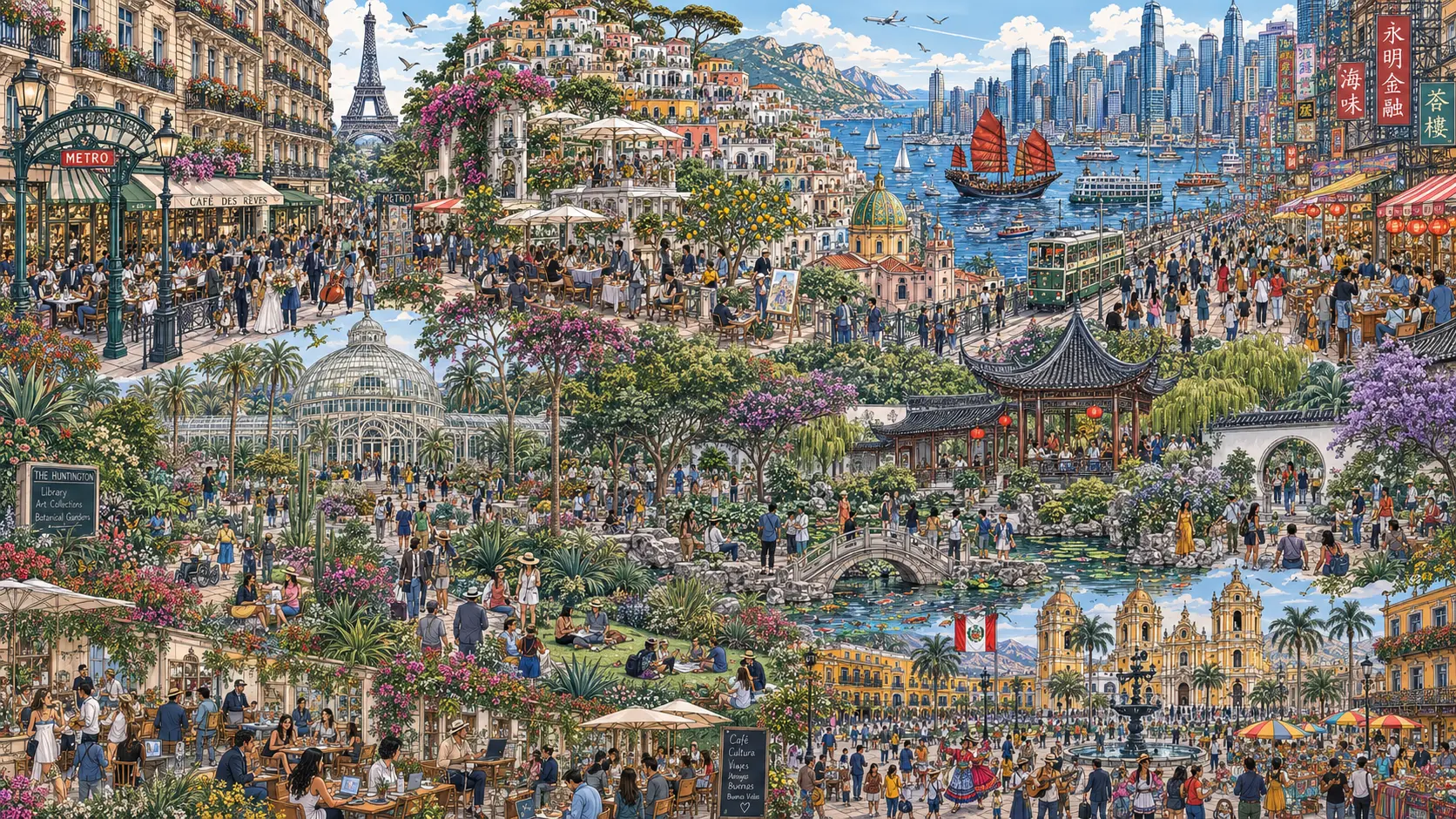 Illustrated panorama weaving together Paris, Positano, Hong Kong, a Chinese garden, the Huntington's conservatory, and Lima's Plaza Mayor in one bustling, crowded scene.